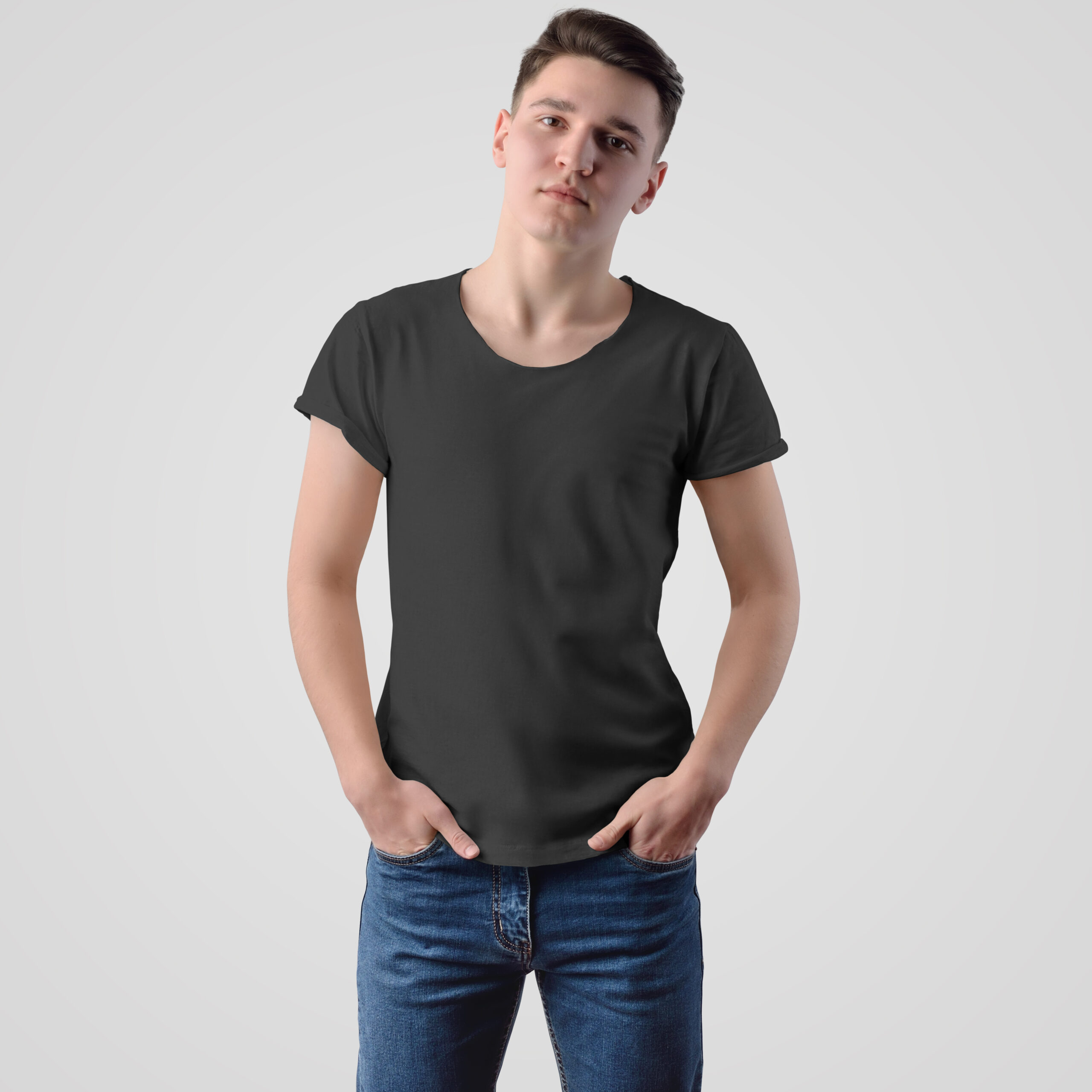 Mockup of empty black t-shirt on a young guy in blue jeans with